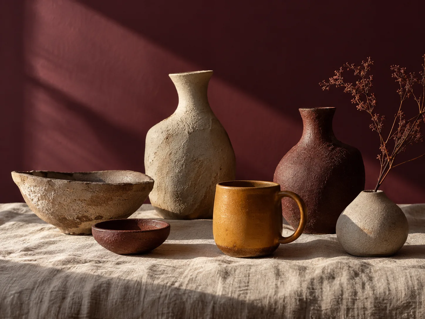 Composição ilustrativa de vasos, tigelas e caneca de cerâmica sobre linho; imagem de IA para projeto demonstrativo