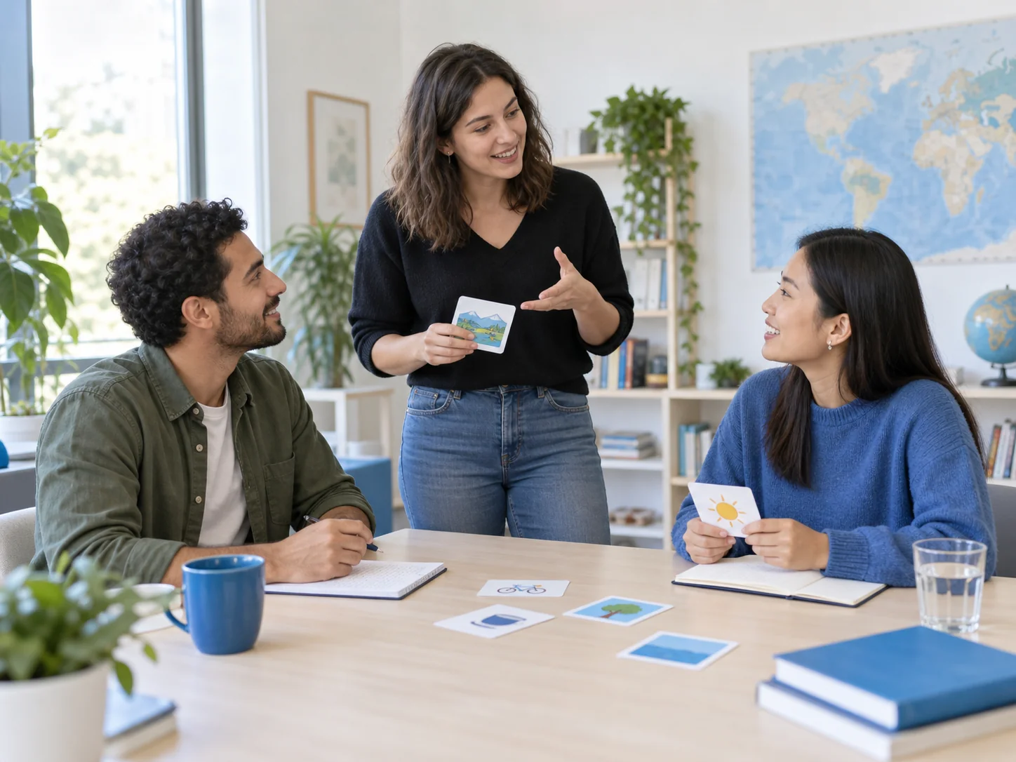 Pessoas adultas praticando conversação em uma aula de idiomas; imagem de IA para projeto demonstrativo